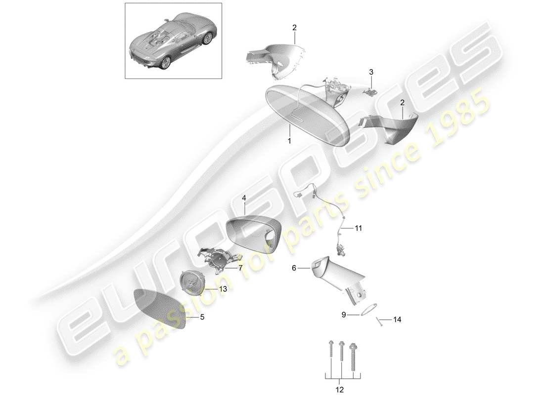 porsche 918 spyder (2015) schéma des pièces du rétroviseur intérieur