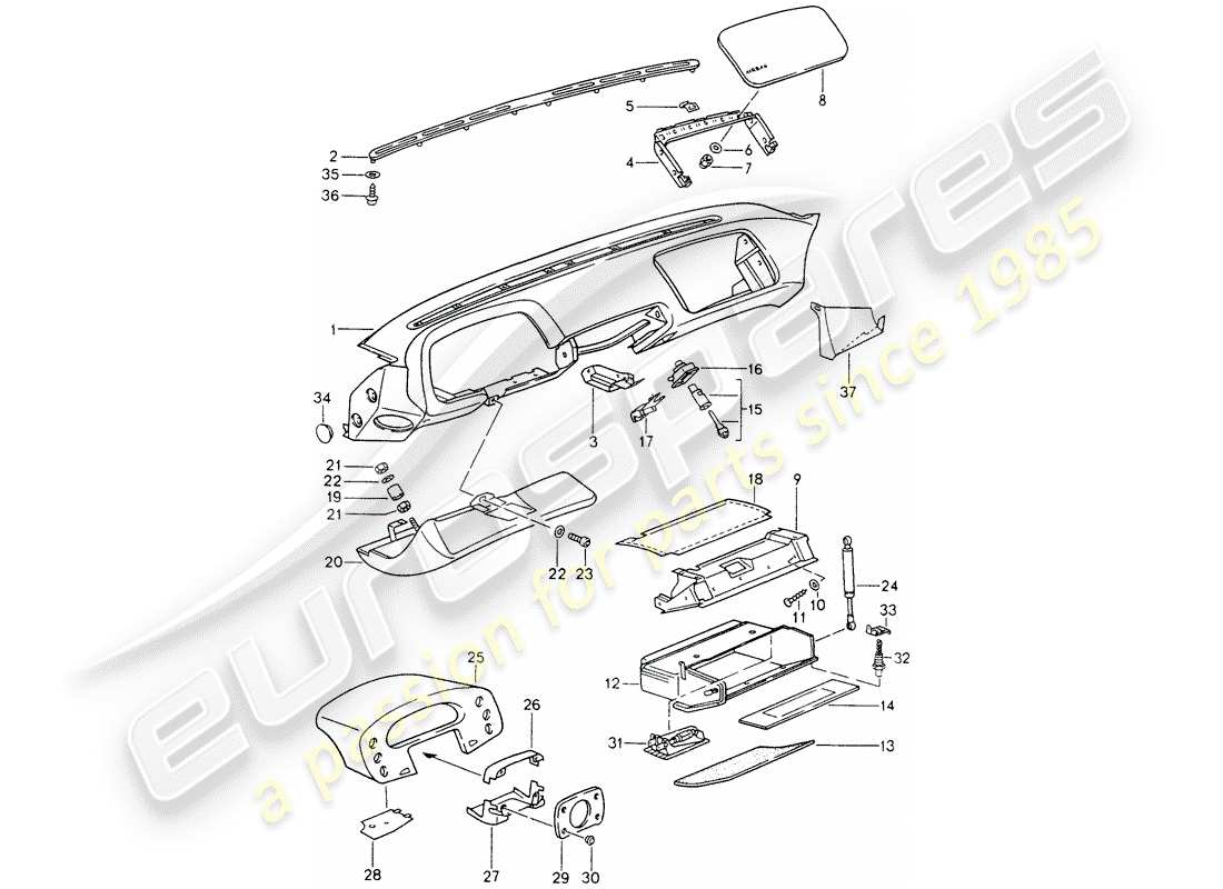 porsche 1994 (928) garniture de tableau de bord - pour véhicules avec - airbag - (côté passager) schéma des pièces