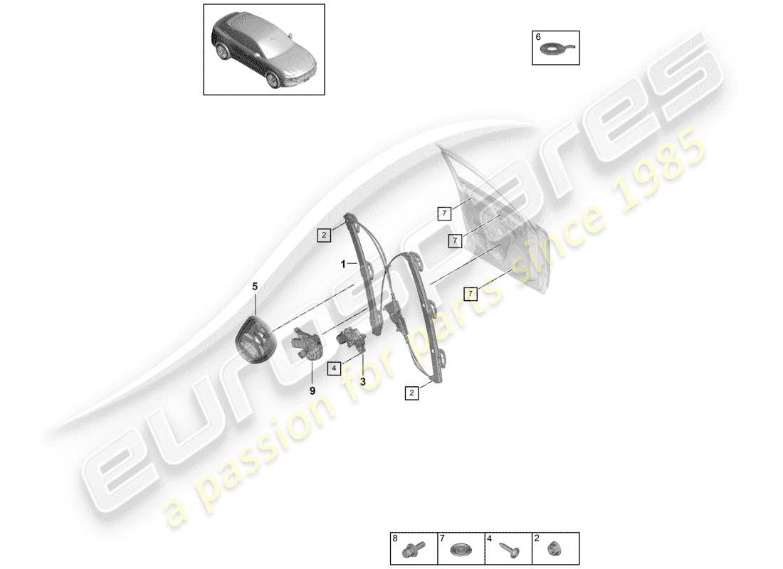 porsche 2019 (cayenne e3 9ya/9yb) régulateur de fenêtre schéma des pièces