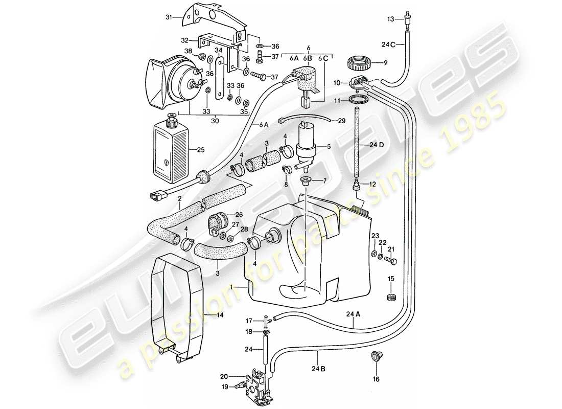 porsche 1988 (911) modèle spécial - conception à nez plat - unité de rondelle -glace - avertisseur - schéma des pièces