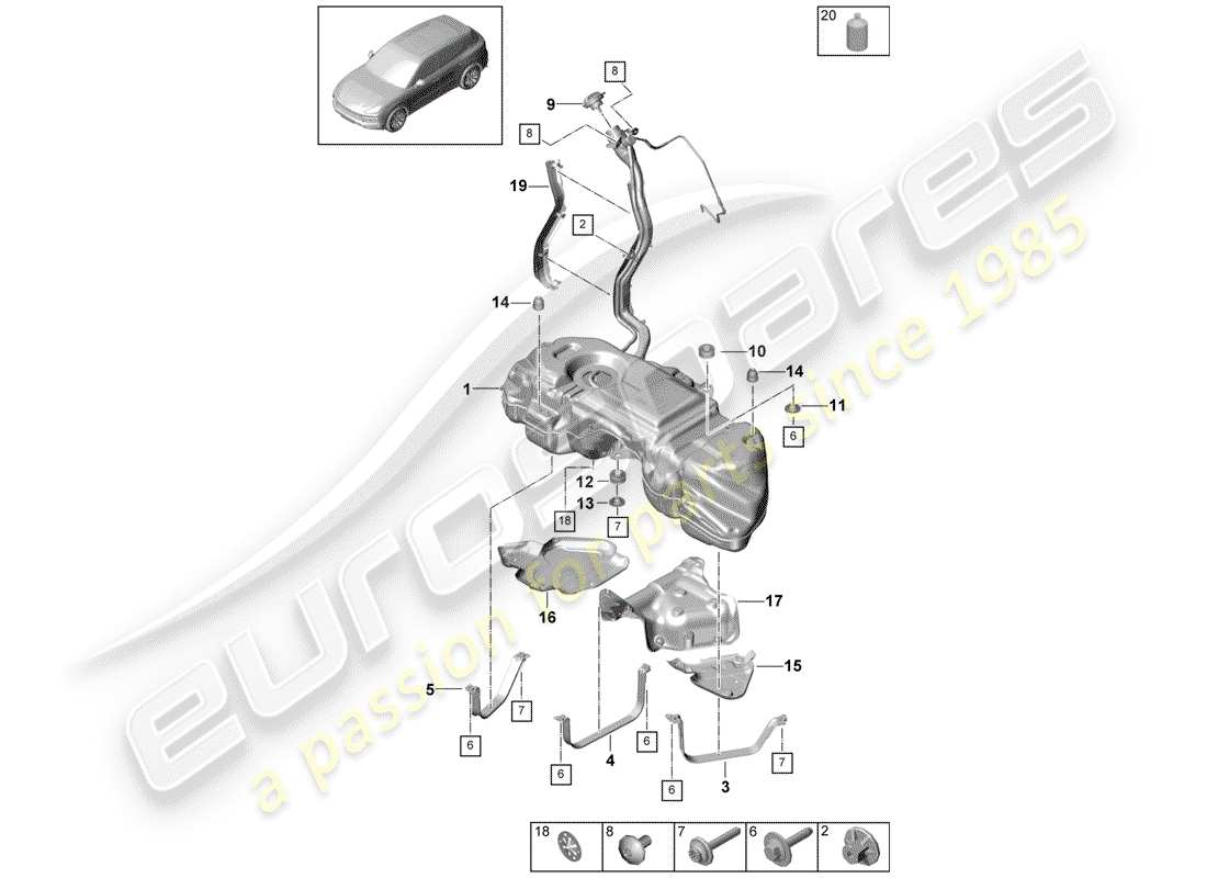 porsche 2019 (cayenne e3 9ya/9yb) réservoir de carburant avec schéma des pièces