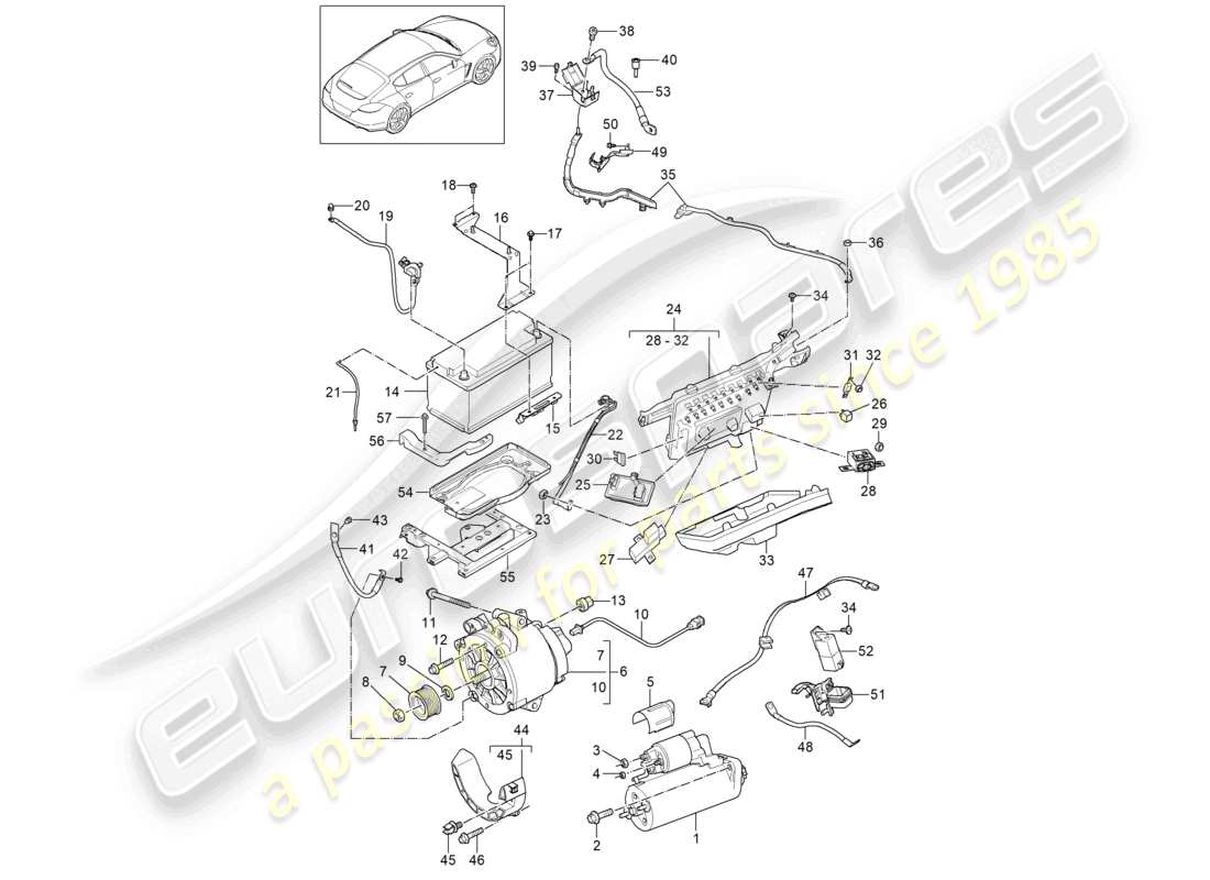 porsche 2012 (panamera 970) schéma des pièces du distributeur de potentiel de batterie de l'alternateur du démarreur