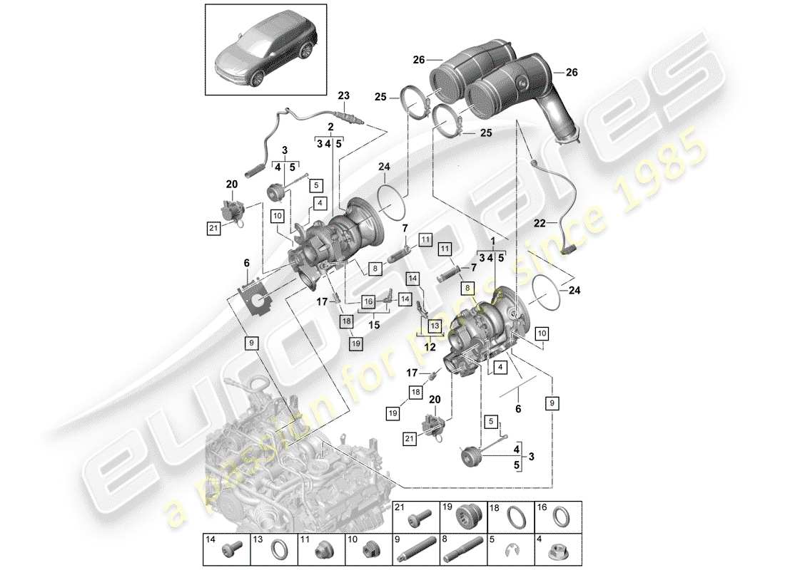 porsche 2020 (cayenne e3 9ya/9yb) turbocompresseur de gaz d'échappement schéma des pièces