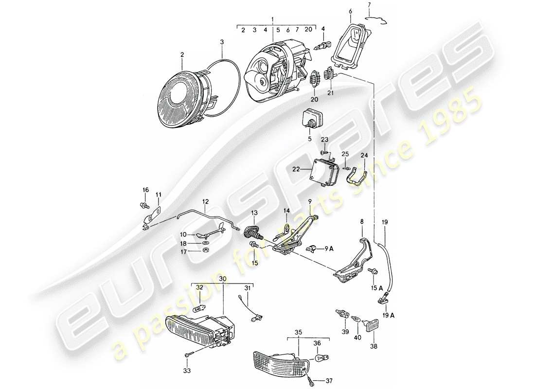 porsche 1997 (993) phare - feux antibrouillard - clignotants - répéteur de clignotants schéma des pièces