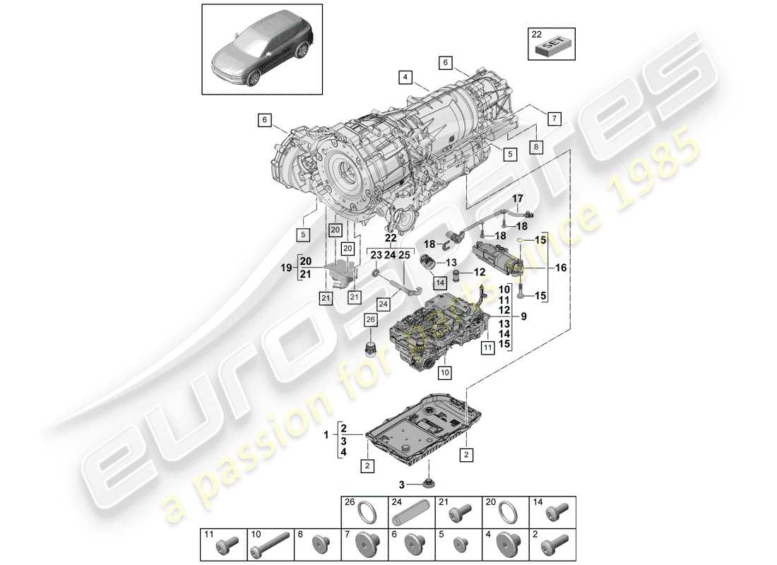 porsche 2020 (cayenne e3 9ya/9yb) 8-speed boîte de vitesses automatique schéma des pièces