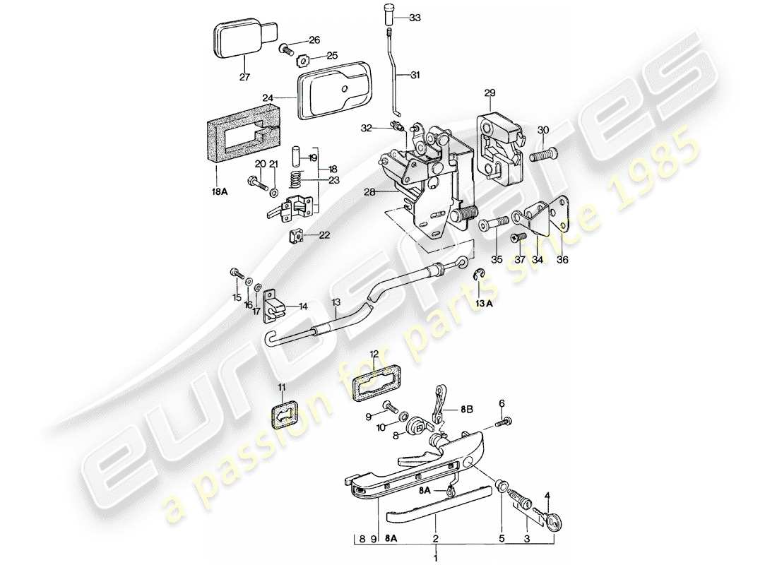 porsche 1983 (924) poignée de porte - loquet de porte schéma des pièces