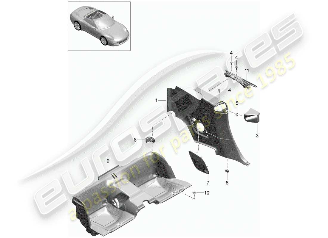 porsche 2013 (991-1) panneau de garniture de quartier schéma des pièces