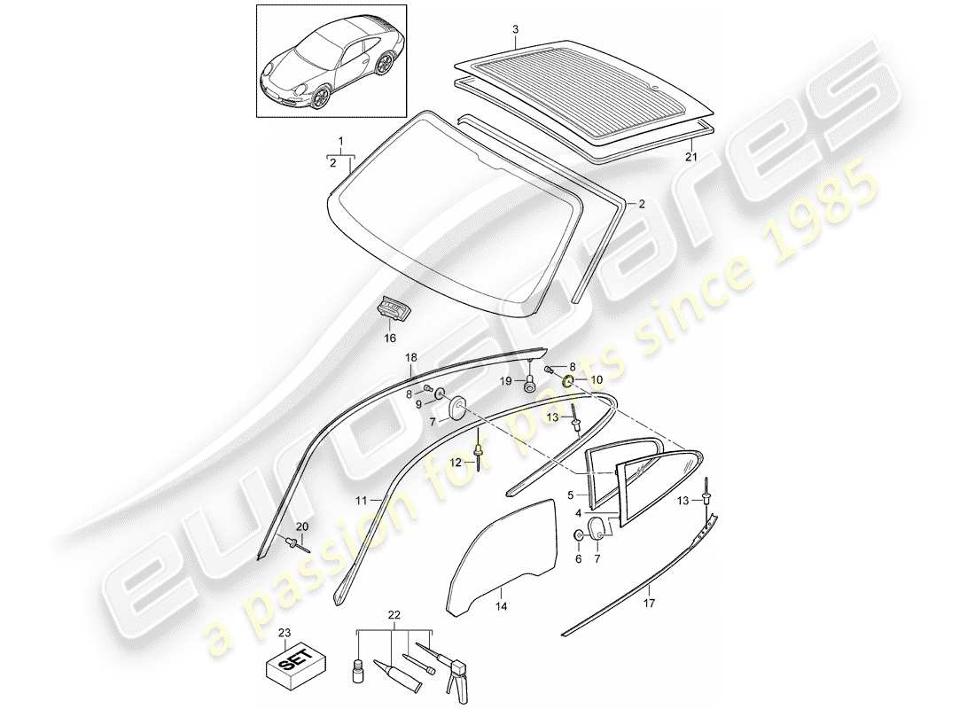 porsche 2011 (997-2) vitrage des fenêtres schéma des pièces