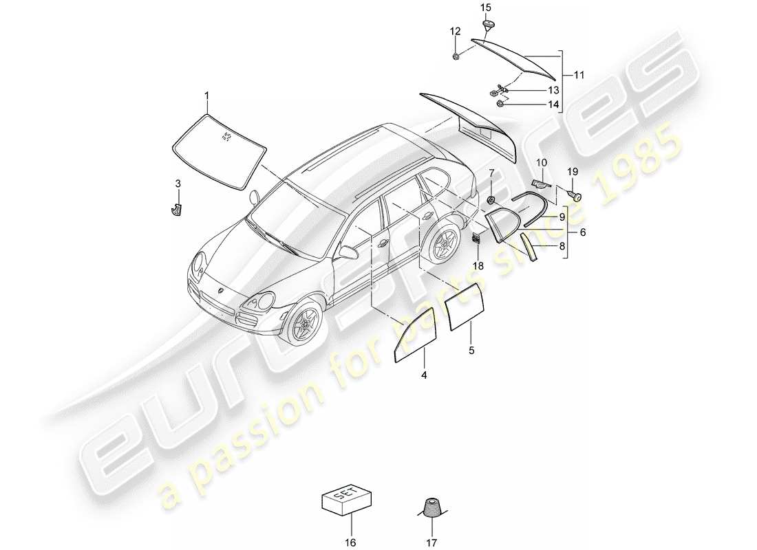porsche 2004 (cayenne e1 9pa) verre de pare-brise schéma des pièces