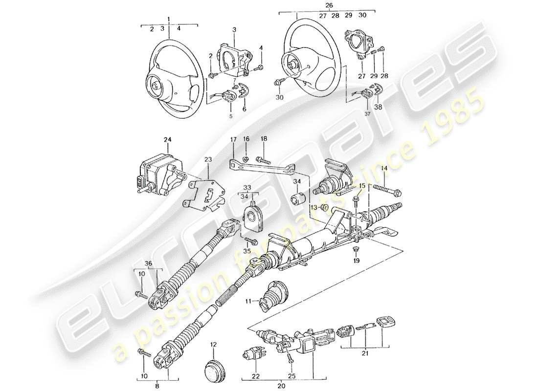 porsche 2000 (986 boxster) tuyau de protection de direction - arbre de direction intermédiaire - volant de direction schéma des pièces