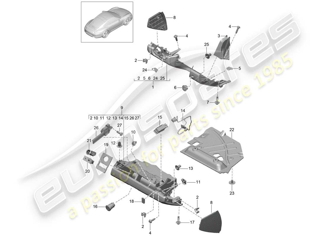 porsche 2012 (991-1) boite à gants schéma des pièces