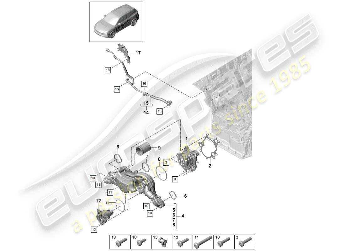 porsche 2019 (cayenne e3 9ya/9yb) pompe à eau schéma des pièces