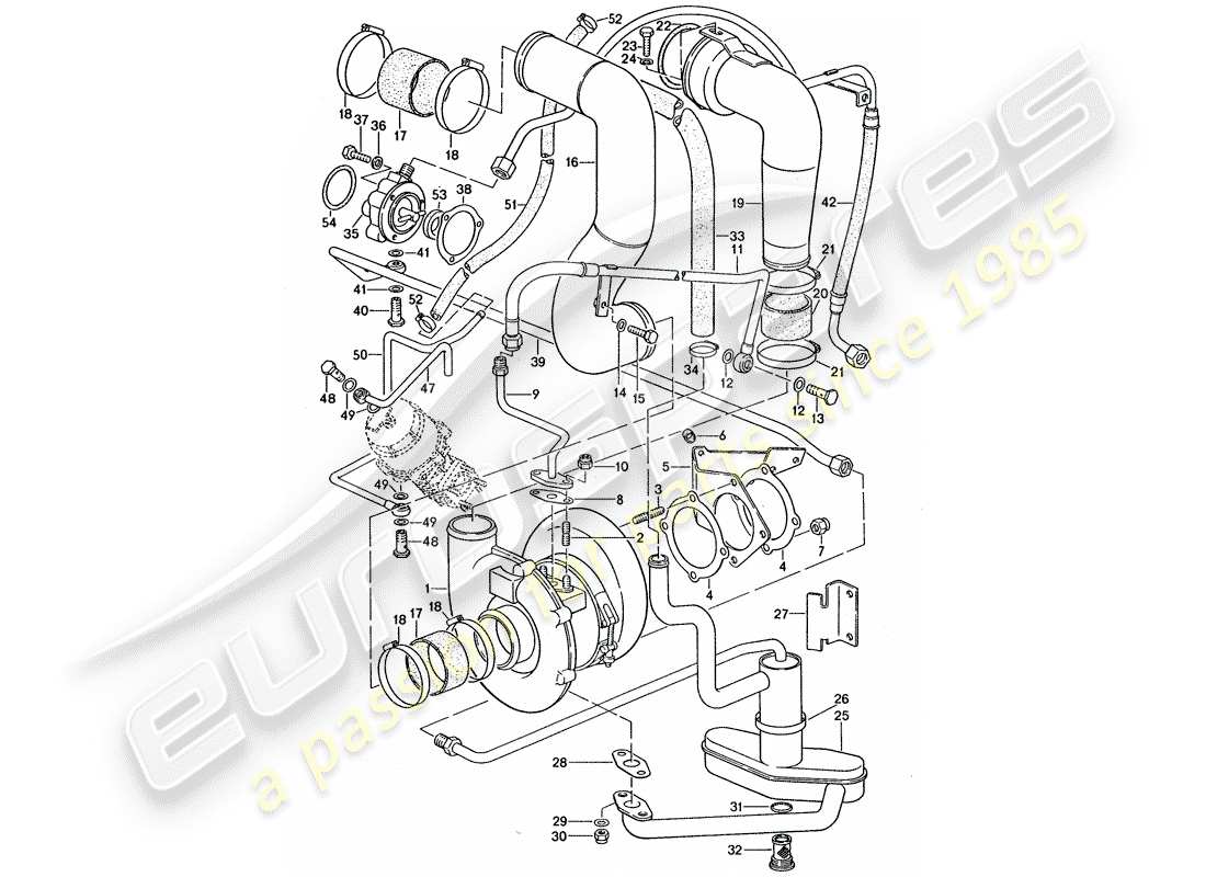 porsche 1976 (911 turbo) turbocompresseur de gaz d'échappement - et - soupape de bypass schéma des pièces