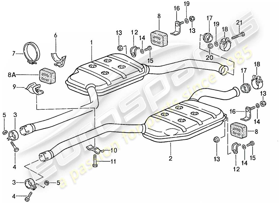 porsche 1988 (928) système d'échappement - silencieux intermédiaire schéma des pièces