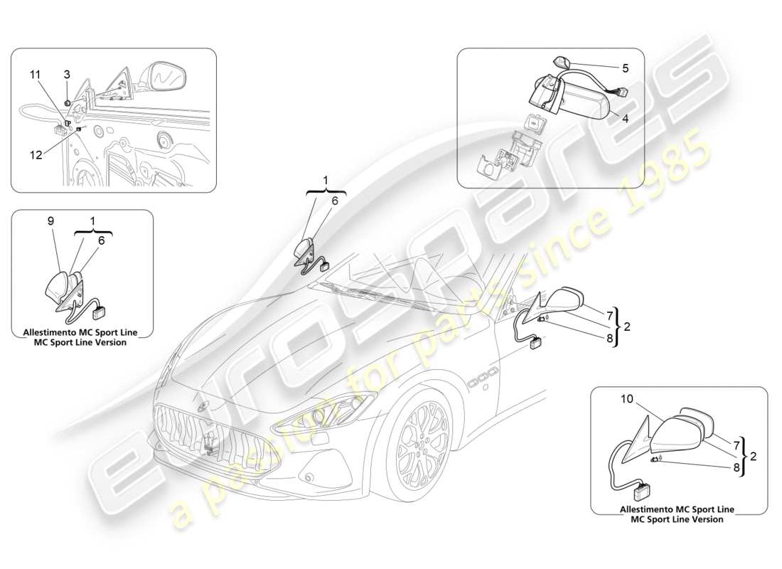 maserati granturismo s (2020) schéma des pièces des rétroviseurs internes et externes