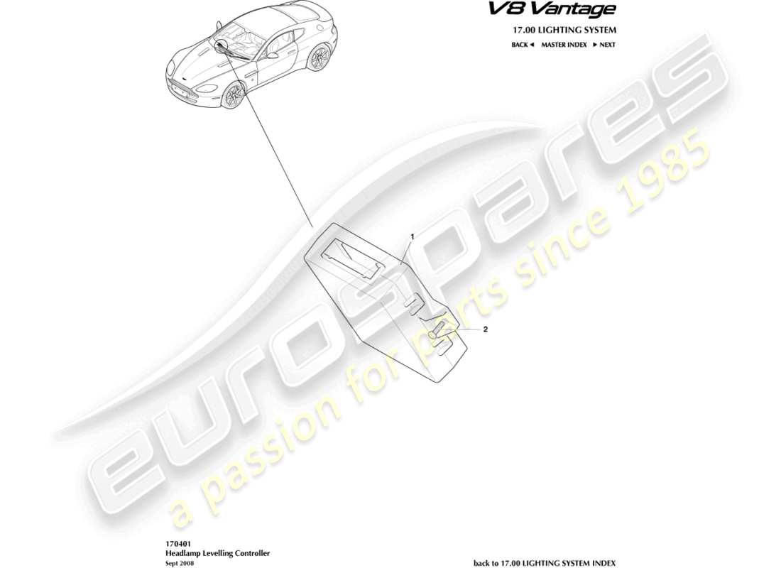 aston martin v8 vantage (2008) schéma des pièces du contrôleur de niveau des phares