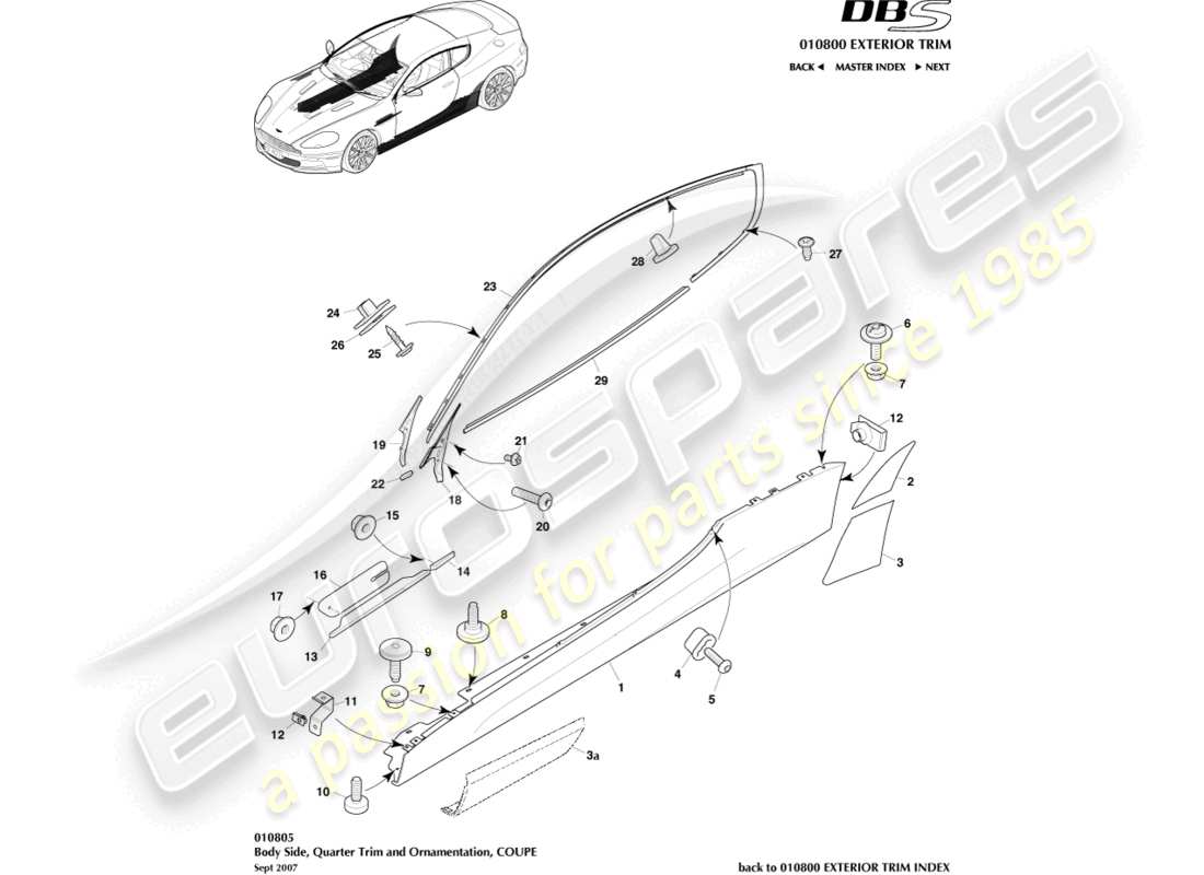 aston martin dbs (2010) garniture latérale et de custode, diagramme des pièces du coupé