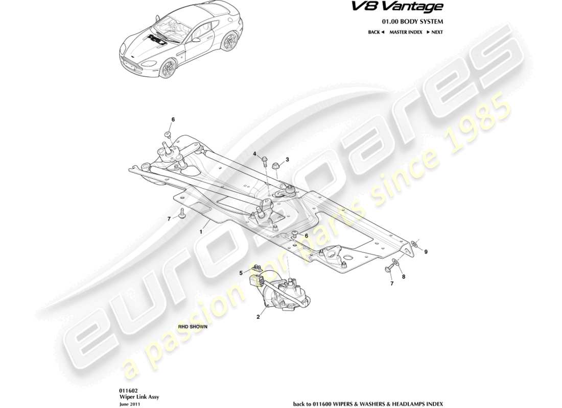 aston martin v8 vantage (2008) schéma des pièces de l'ensemble de liaison d'essuie-glace