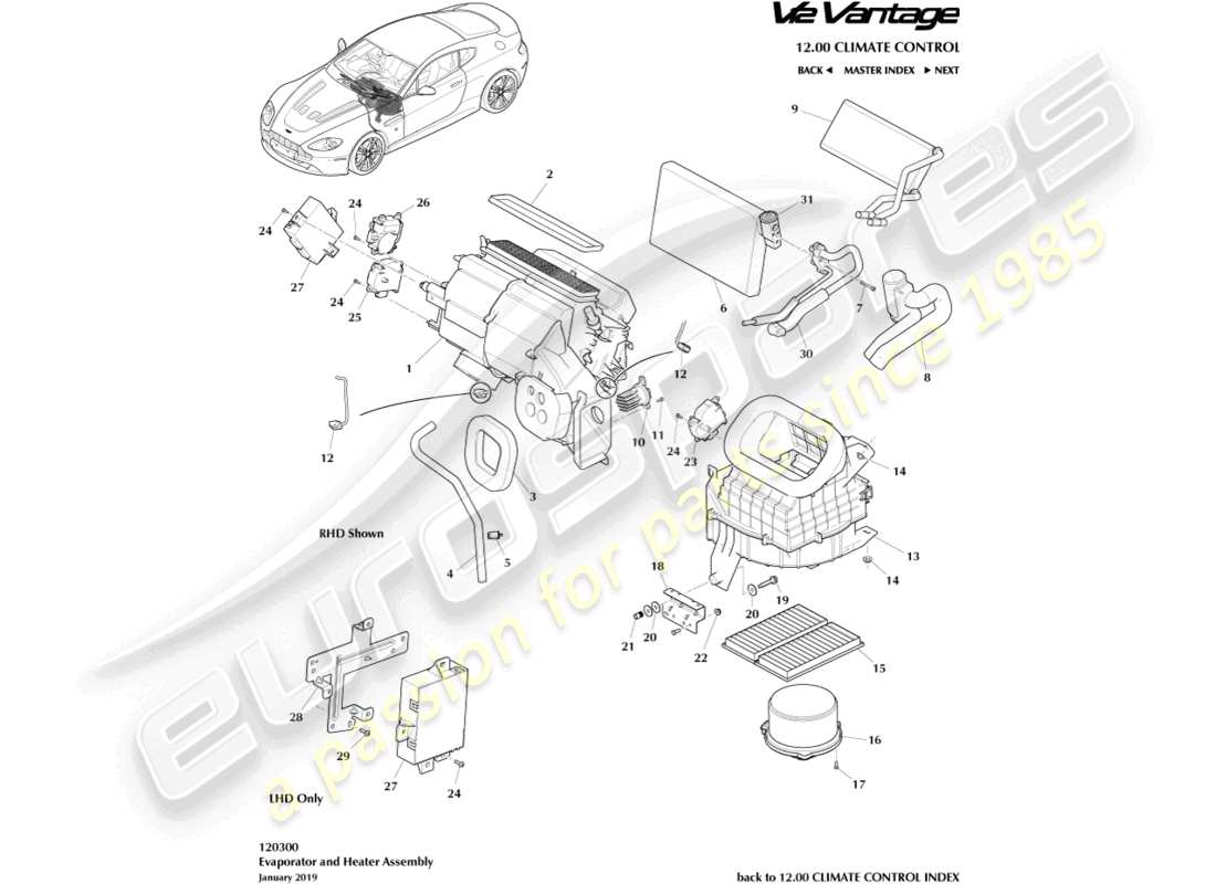 aston martin v12 vantage (2013) schéma des pièces de l'évaporateur et du chauffage
