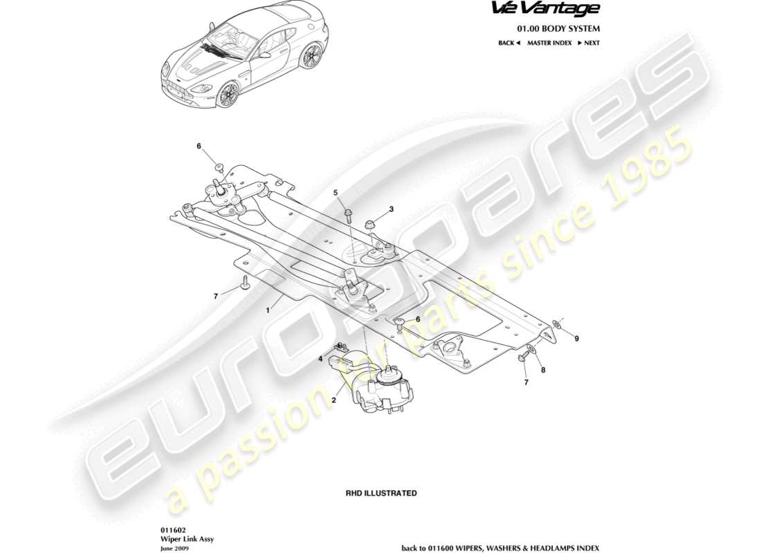aston martin v12 vantage (2010) schéma des pièces de l'ensemble de liaison d'essuie-glace