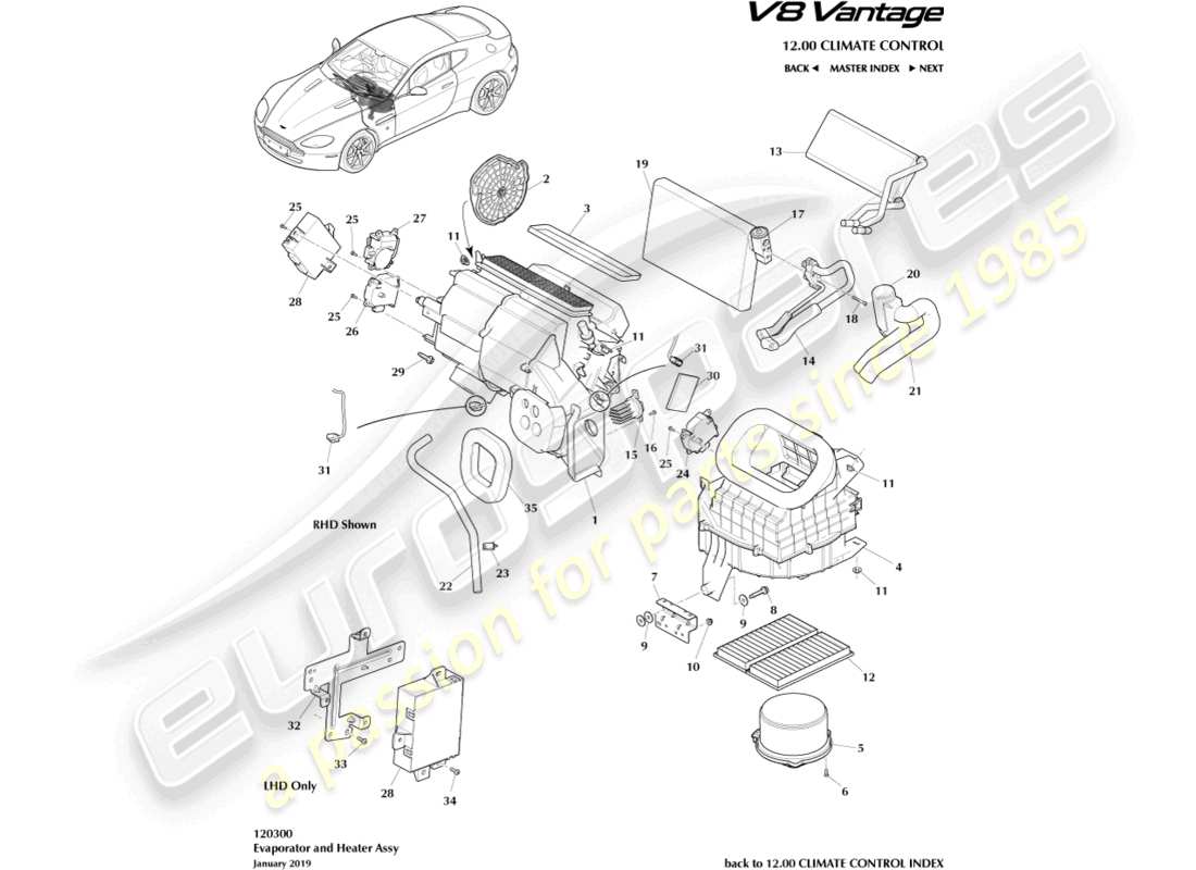aston martin v8 vantage (2014) schéma des pièces de l'évaporateur et du chauffage