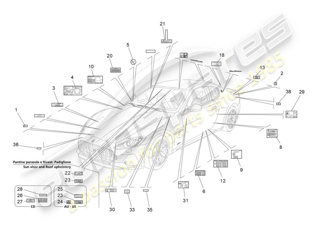 maserati granturismo s (2018) diagramme de pièces d'autocollants et d'étiquettes