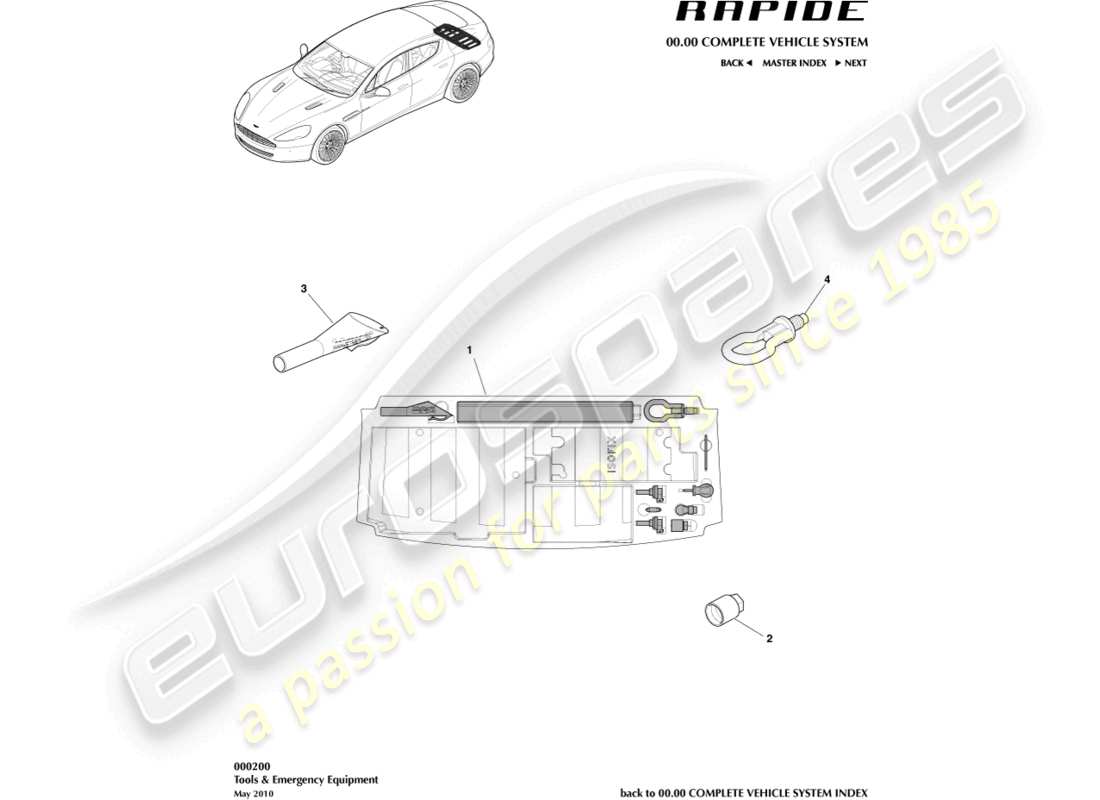 aston martin rapide (2012) schéma des pièces des outils et équipements d'urgence