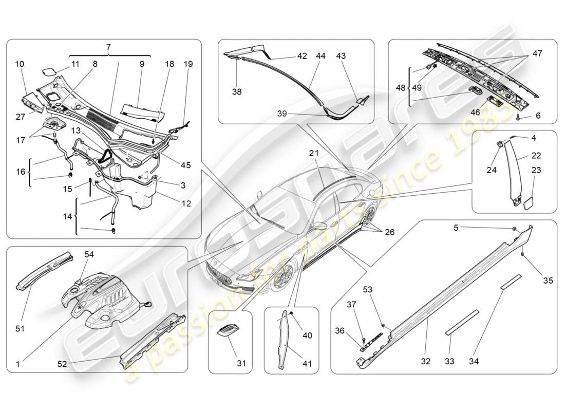 maserati qtp 3.0 bt v6 410hp (2014) schéma des pièces des boucliers, des garnitures et des panneaux de revêtement