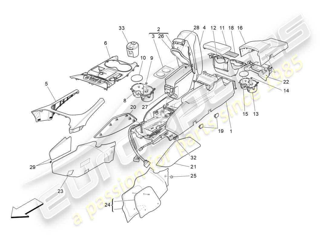 maserati granturismo s (2020) schéma des pièces de la console d'accessoires et de la console centrale