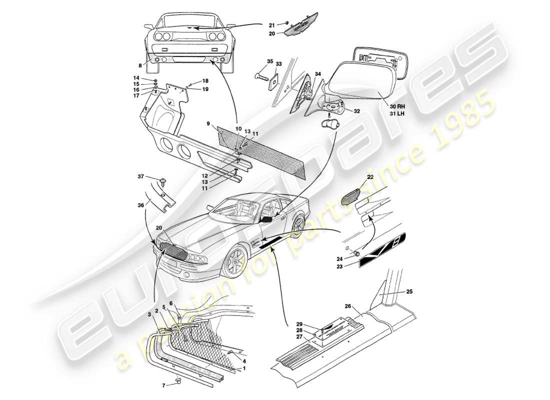 aston martin v8 coupe (1999) raccords de carrosserie schéma des pièces