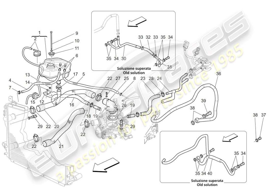 maserati granturismo (2009) système de refroidissement : diagramme de pièces nourice et lignes