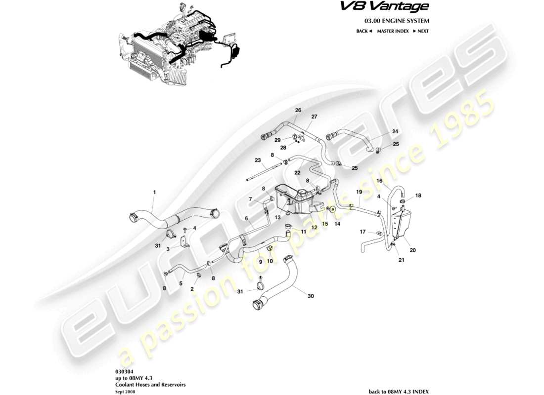 aston martin v8 vantage (2010) schéma des pièces des tuyaux de liquide de refroidissement et du réservoir