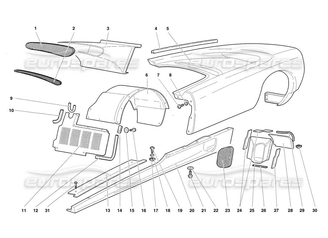 lamborghini diablo sv (1998) éléments de carrosserie - diagramme des pièces du flanc gauche