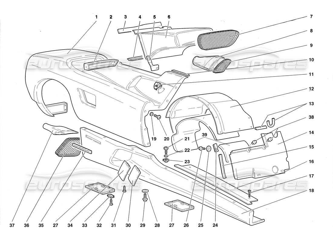 lamborghini diablo roadster (1998) éléments de coque -flanc droit schéma des pièces