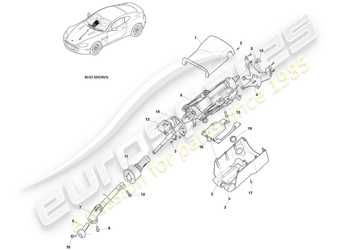 aston martin v8 vantage (2005) schéma des pièces de l'assemblage de la colonne de direction