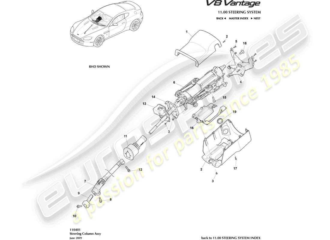 aston martin v8 vantage (2013) schéma des pièces de l'assemblage de la colonne de direction