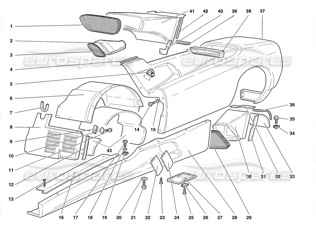 lamborghini diablo roadster (1998) éléments de coque - schéma des pièces du flanc gauche