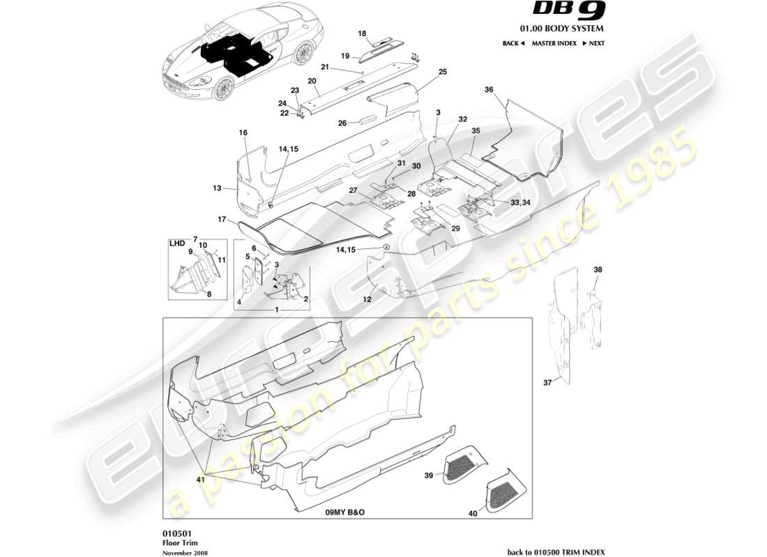 aston martin db9 (2008) diagramme de pièce de garniture de plancher