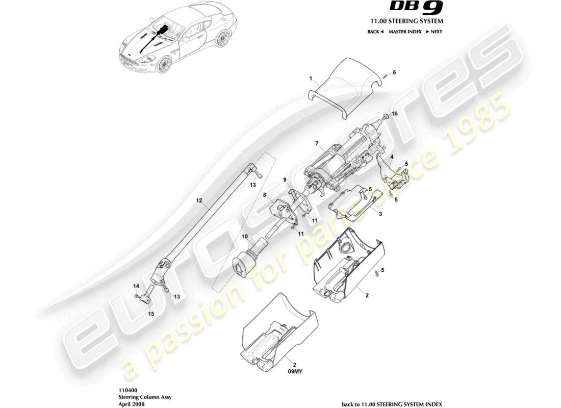 aston martin db9 (2008) schéma des pièces de l'assemblage de la colonne de direction