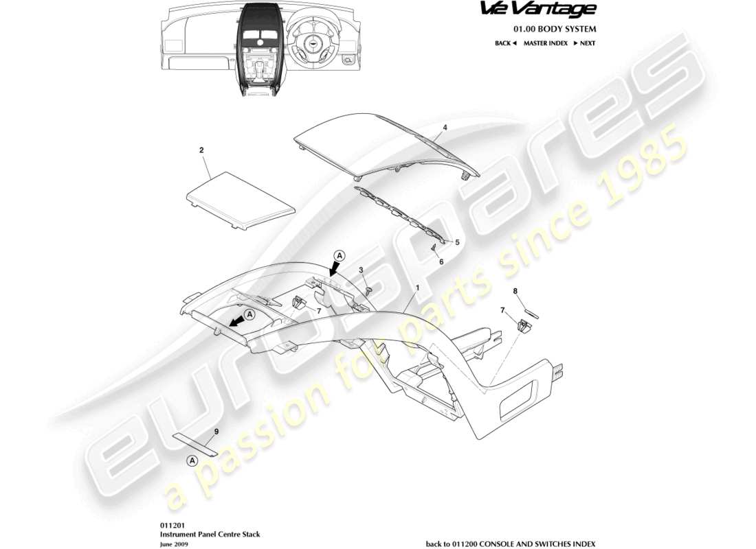aston martin v12 vantage (2010) colonne centrale, sans diagramme de pièces de navigation par satellite