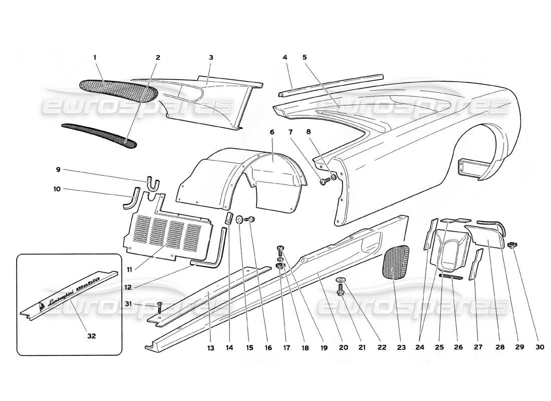 lamborghini diablo sv (1999) éléments de carrosserie - diagramme des pièces du flanc gauche