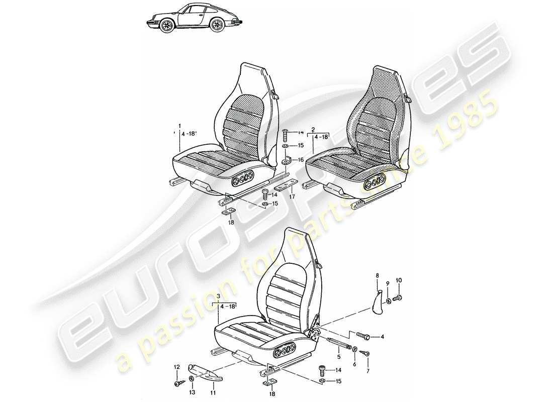 un schéma de pièces du catalogue de pièces porsche 1986 (seats for 944/968/911/928)