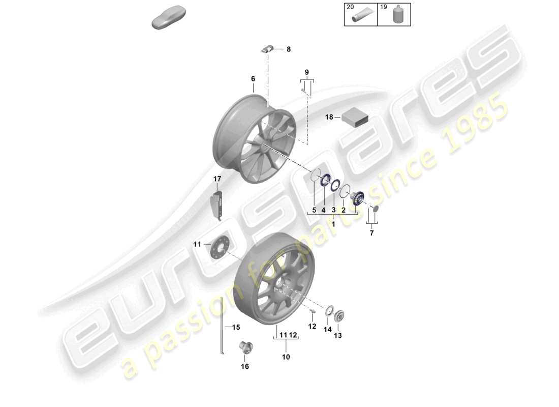 porsche 2019 (992-1) pièces détachées jante en alliage avec verrouillage centralisé schéma des pièces