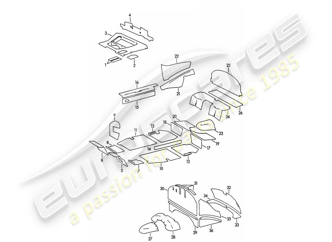 porsche 1963 (356b/356c) carrosserie - tapis amortisseur schéma des pièces