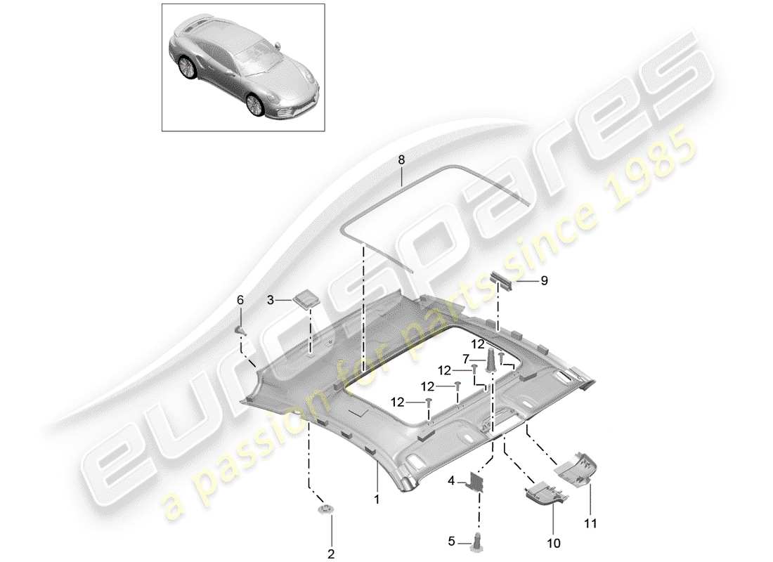porsche 2015 (991-1 turbo) panneau de garniture de toit schéma des pièces
