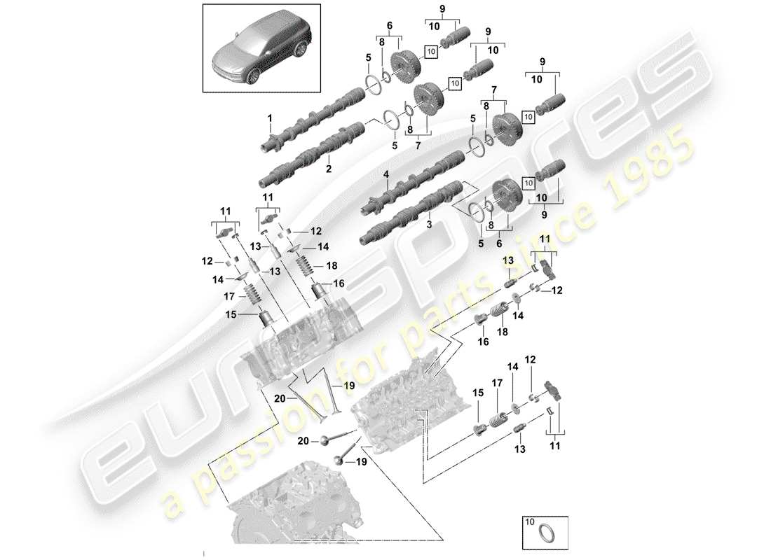 porsche 2019 (cayenne e3 9ya/9yb) arbre à cames, soupapes schéma des pièces