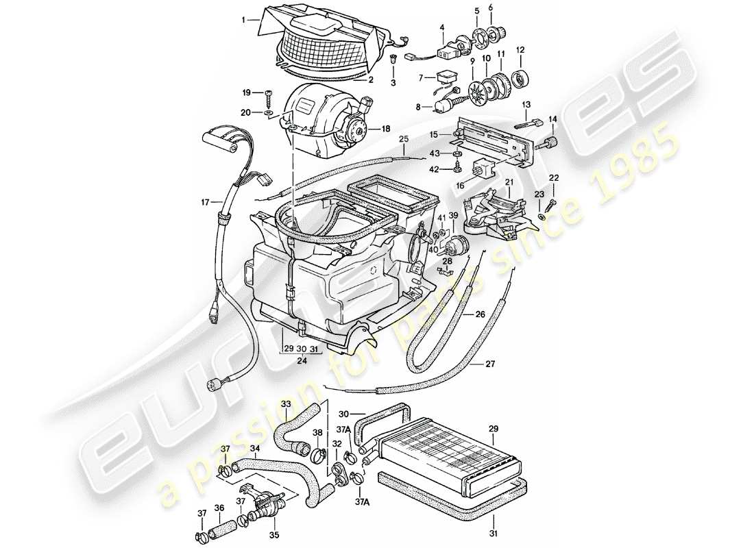 porsche 1981 (924) chauffage - noyau de chauffage - f 92-cn402 198>> - f 93-cn100 306>> schéma des pièces