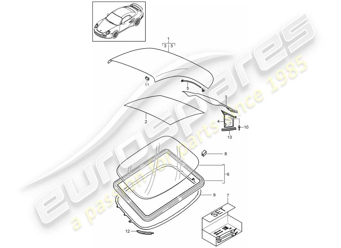 porsche 2013 (997-2 turbo / gt2 rs) revêtement de capote schéma des pièces