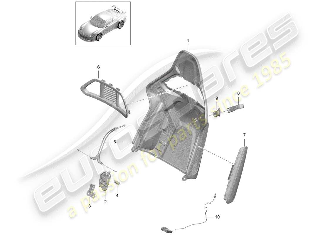porsche 2018 (991-2 r/gt3/rs) coque de dossier schéma des pièces