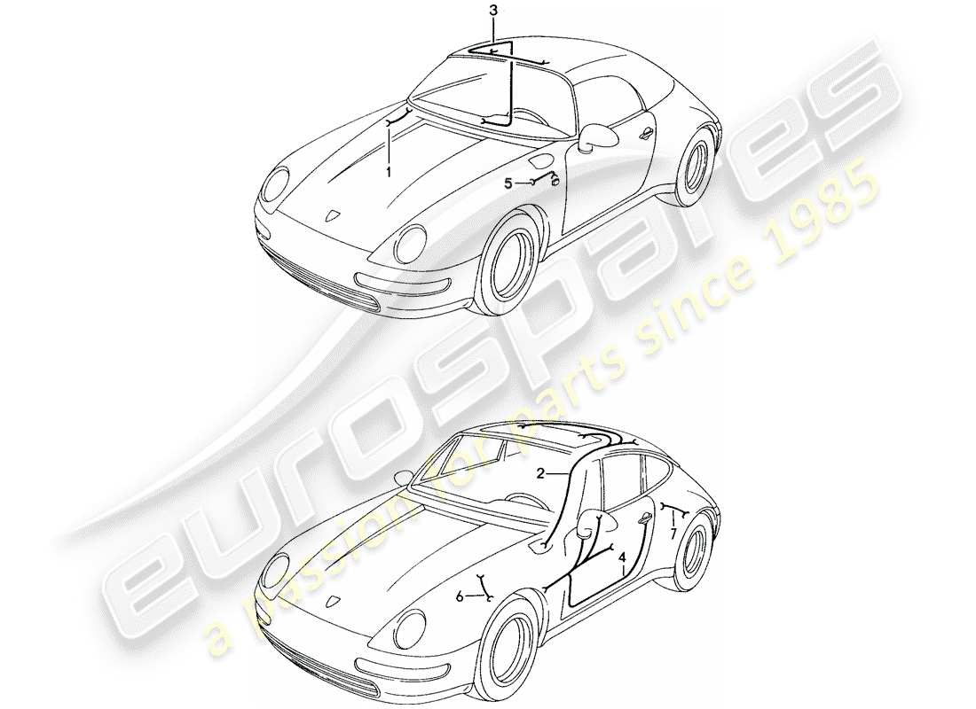 porsche 1998 (993) faisceau de cablage - lampe coffre à bagages - toit ouvrant - commande de capot - porte conducteur - porte passager - répéteur de clignotants - système de frein antiblocage. -abs- schéma des pièces